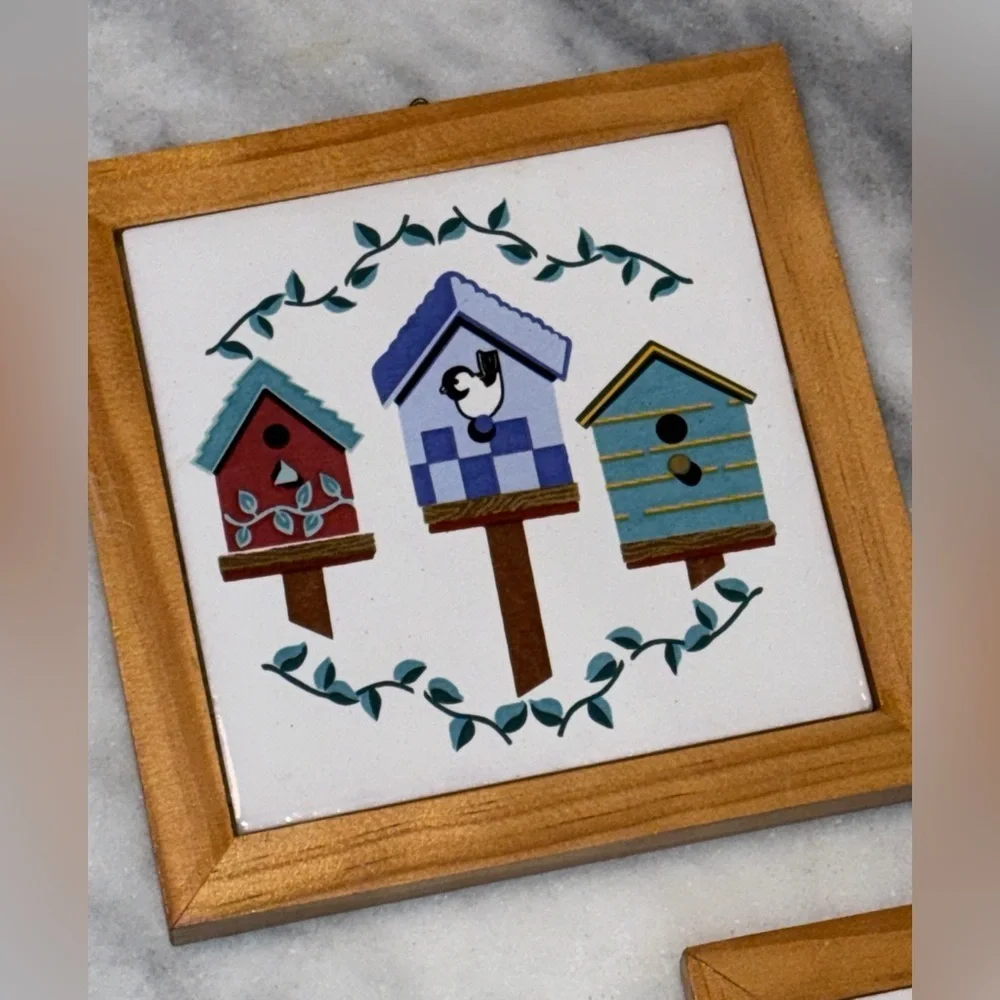 Vintage Wood Framed Ceramic Tiles Pine Frame Bird House, Sunflower, Apple.